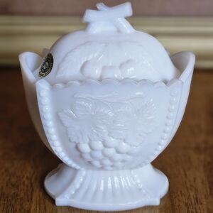 Vintage Lidded Dish Westmoreland Milk Glass Raised "Paneled Grape & Cherry"